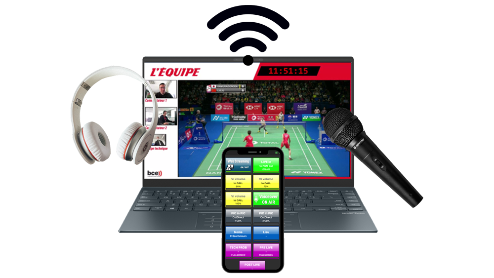 Plateforme Holovox de BCE illustrant un événement en direct d'une compétition de Formule 1 avec des commentateurs. En superposition, on aperçoit un casque sans fil, un micro et un téléphone affichant la télécommande à distance de Holovox, permettant de contrôler les commentaires en direct.