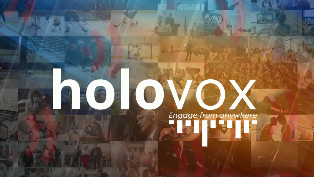 Logo Holovox au centre avec en arrière-plan des images sportives.