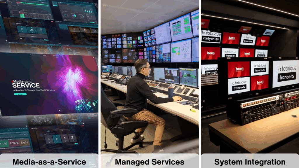 Collage des 3 piliers principaux de BCE, représentant la plateforme Media-as-a-Service, avec l’interface affichée,
les Services Managés, illustrés par une photo du Centre d’Opérations Réseau (NOC),
et le projet d’intégration du car de production de France Télévisions.