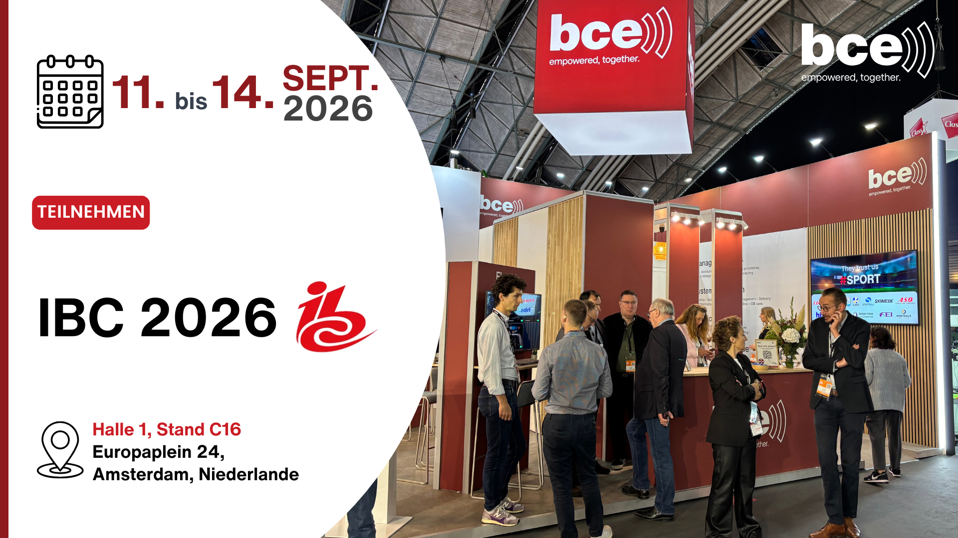BCE-Stand auf der IBC 2026 in Amsterdam mit Besuchern und Veranstaltungsdetails vom 11. bis 14. September