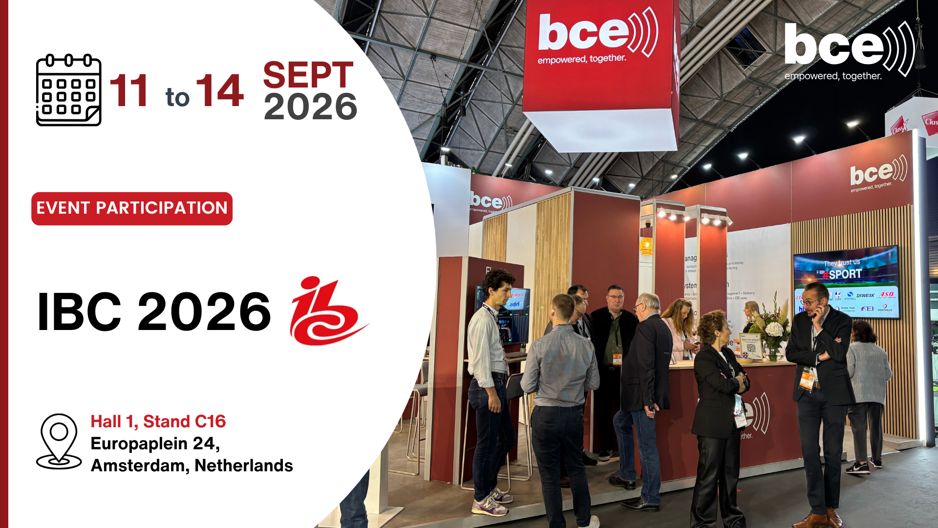 BCE booth at IBC 2026 in Amsterdam with visitors and event details from September 11 to 14