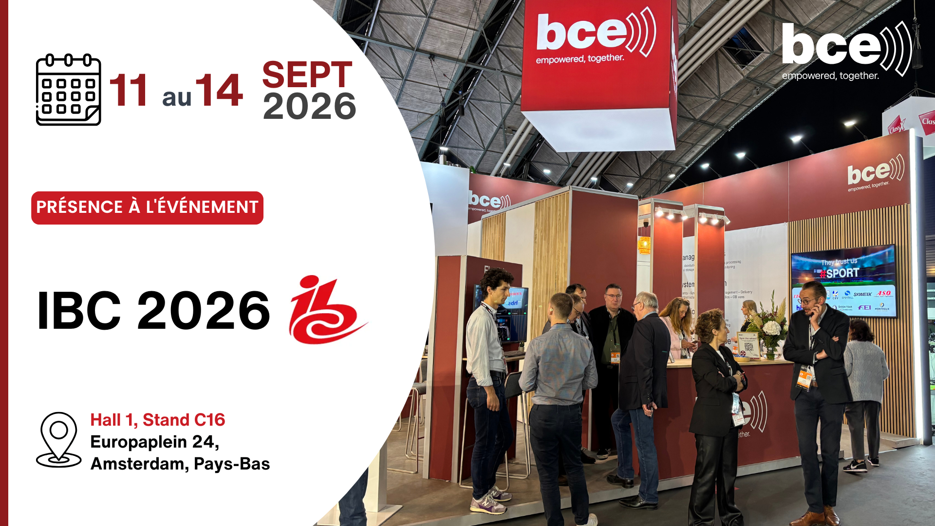 Stand BCE à l’IBC 2026 à Amsterdam avec visiteurs et informations sur l’événement du 11 au 14 septembre