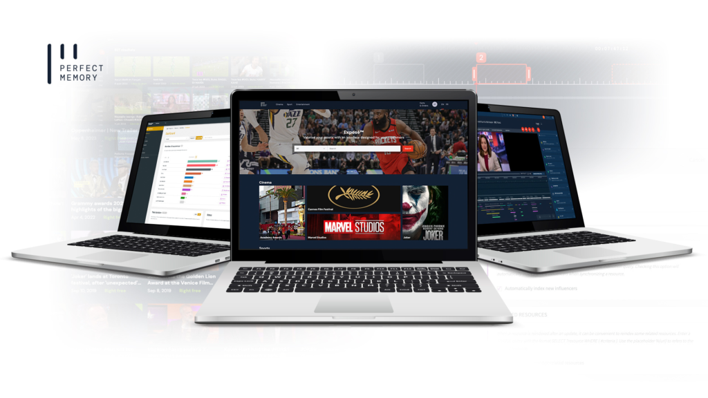 Perfect Memory MAM interface displayed on multiple laptops as part of BCE Media-as-a-Service ecosystem